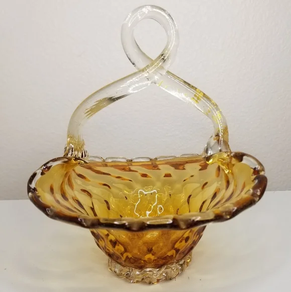 Murano Style Hand Blown Amber Glass Infused Gold Flake Loop Handle Basket - Picture 3 of 11